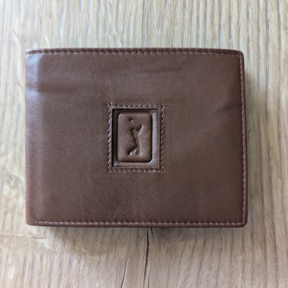 PGA Tour Brown Leather Bifold Wallet Top Grain Leather PGA Golf Logo